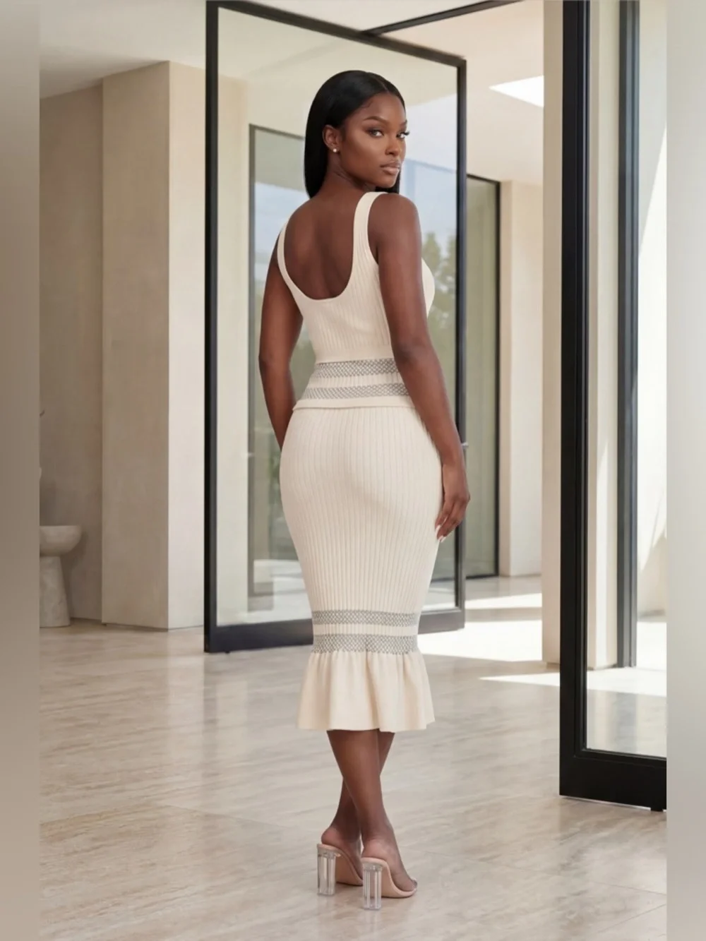 Sleeveless Cream Ribbed Midi Dress with Contrast Bands